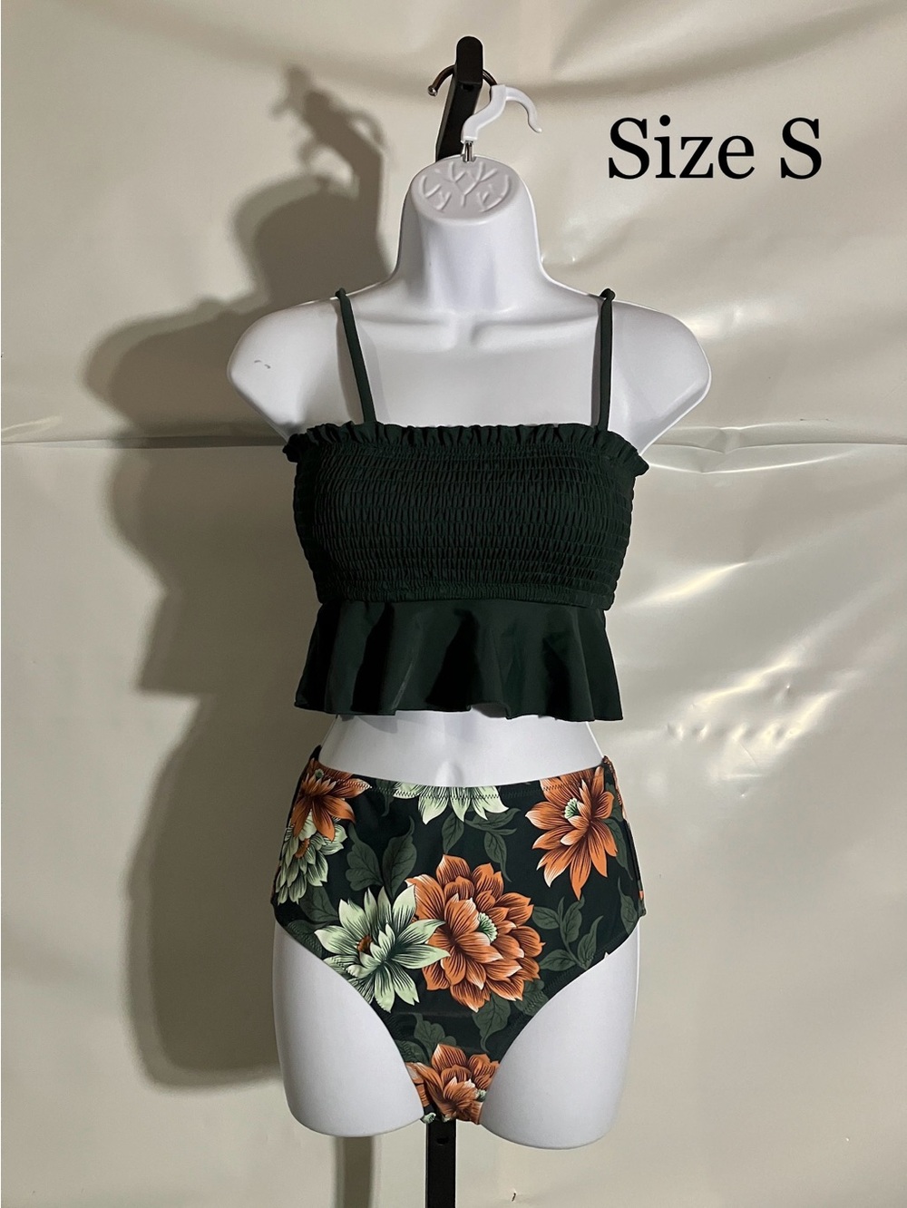 Women’s High-Waist Floral Tankini Set - Dark Green & Orange - Size S